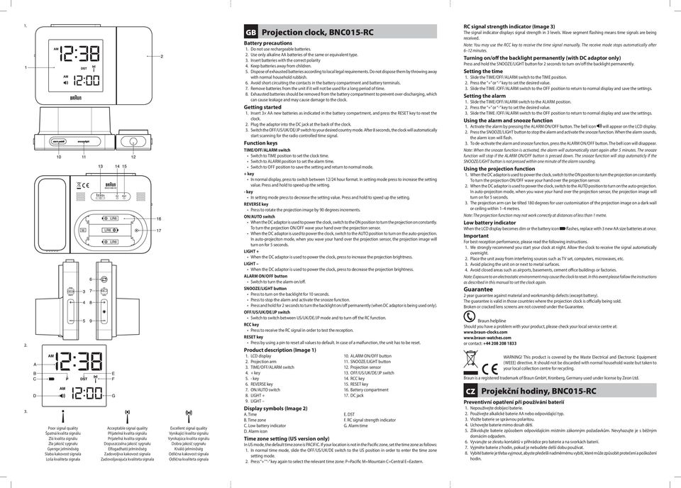 Vynikajúca kvalita signálu Dobra jakość sygnału Kiváló jelminőség Odlična kakovost signala Odlična kvaliteta signala GB Projection clock, BNC015-RC Battery precautions 1.