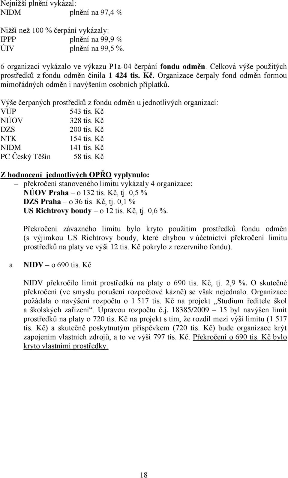 Výše čerpaných prostředků z fondu odměn u jednotlivých organizací: VÚP 543 tis. Kč NÚOV 328 tis. Kč DZS 200 tis. Kč NTK 154 tis. Kč NIDM 141 tis. Kč PC Český Těšín 58 tis.