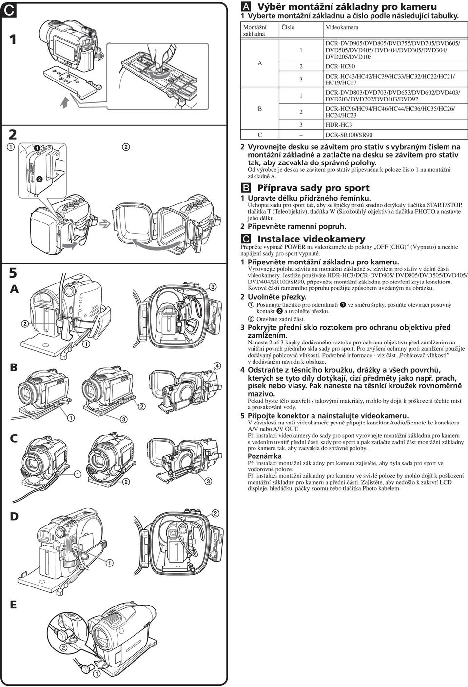 DCR-DVD80/DVD70/DVD65/DVD60/DVD40/ DVD0/ DVD0/DVD0/DVD9 DCR-HC96/HC94/HC46/HC44/HC6/HC5/HC6/ HC4/HC HDR-HC C DCR-SR00/SR90 Vyrovnejte desku se závitem pro stativ s vybraným číslem na montážní