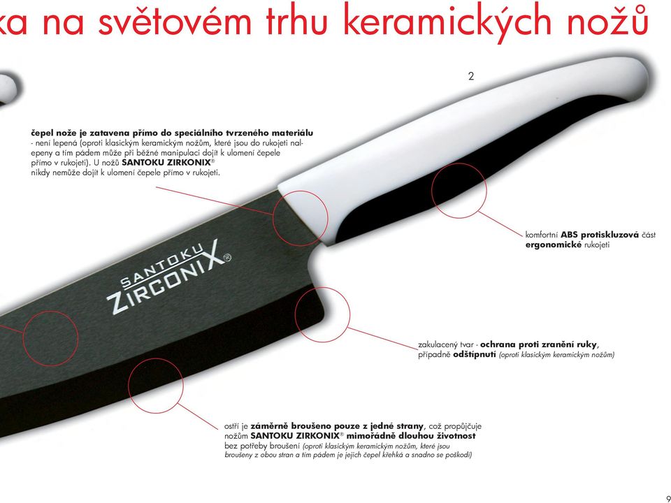 komfortní ABS protiskluzová část ergonomické rukojeti zakulacený tvar - ochrana proti zranění ruky, případně odštípnutí (oproti klasickým keramickým nožům) ostří je záměrně broušeno pouze z