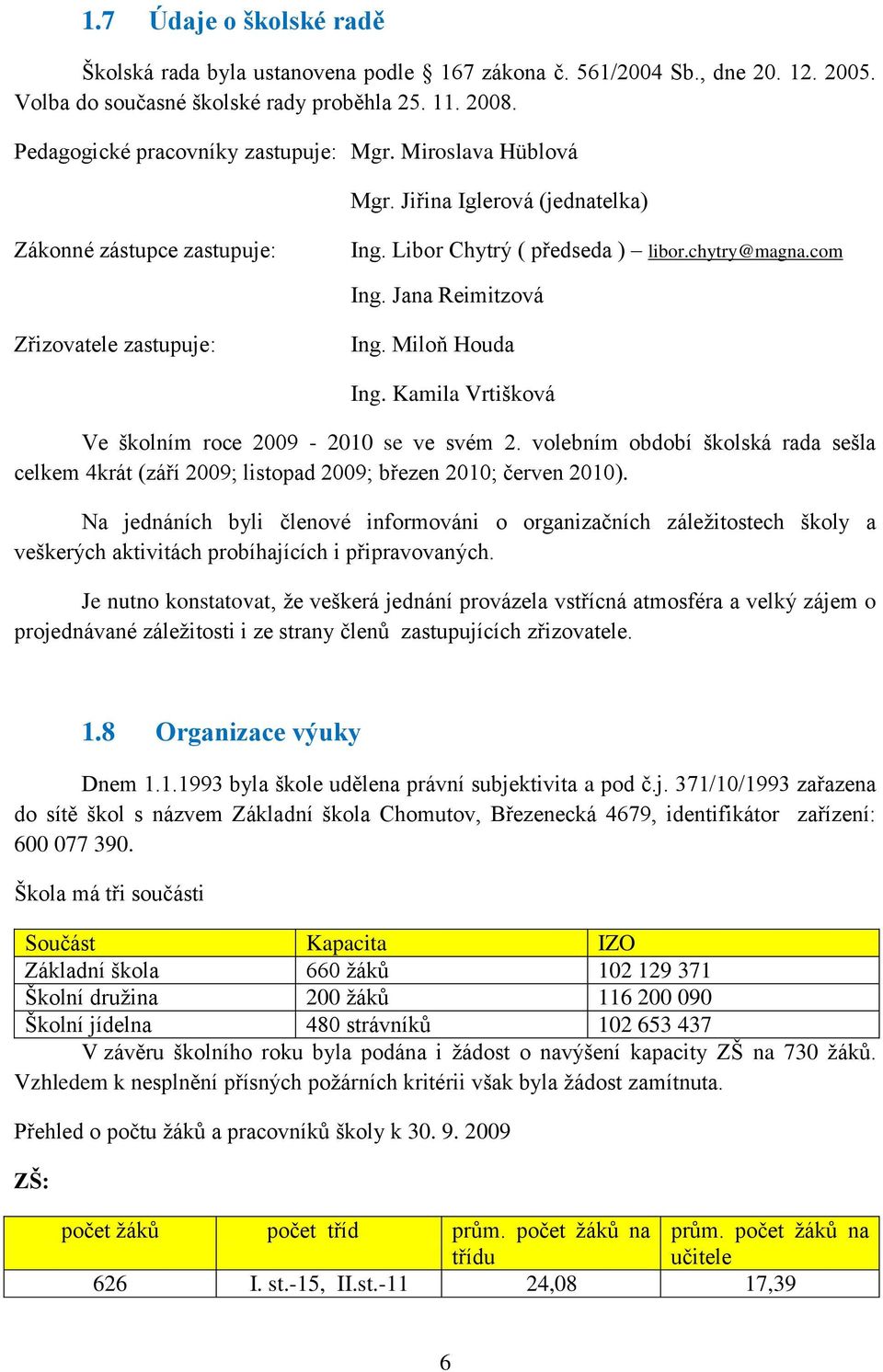 Kamila Vrtišková Ve školním roce 2009-2010 se ve svém 2. volebním období školská rada sešla celkem 4krát (září 2009; listopad 2009; březen 2010; červen 2010).