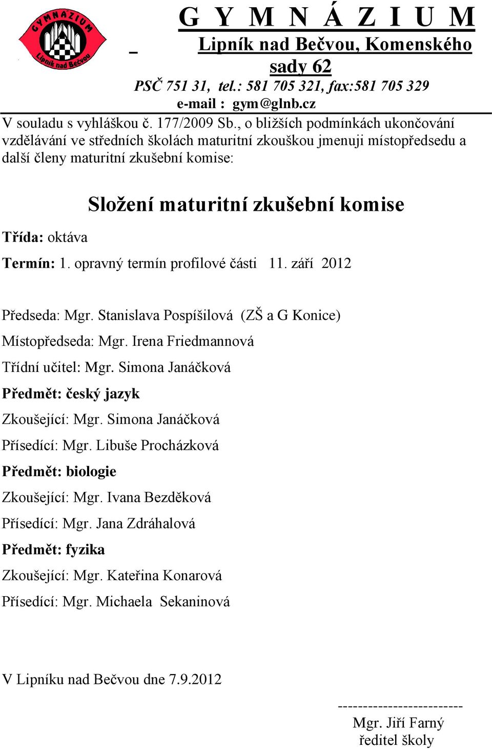 Termín: 1. opravný termín profilové části 11. září 2012 Předseda: Mgr. Stanislava Pospíšilová (ZŠ a G Konice) Místopředseda: Mgr. Irena Friedmannová Třídní učitel: Mgr.