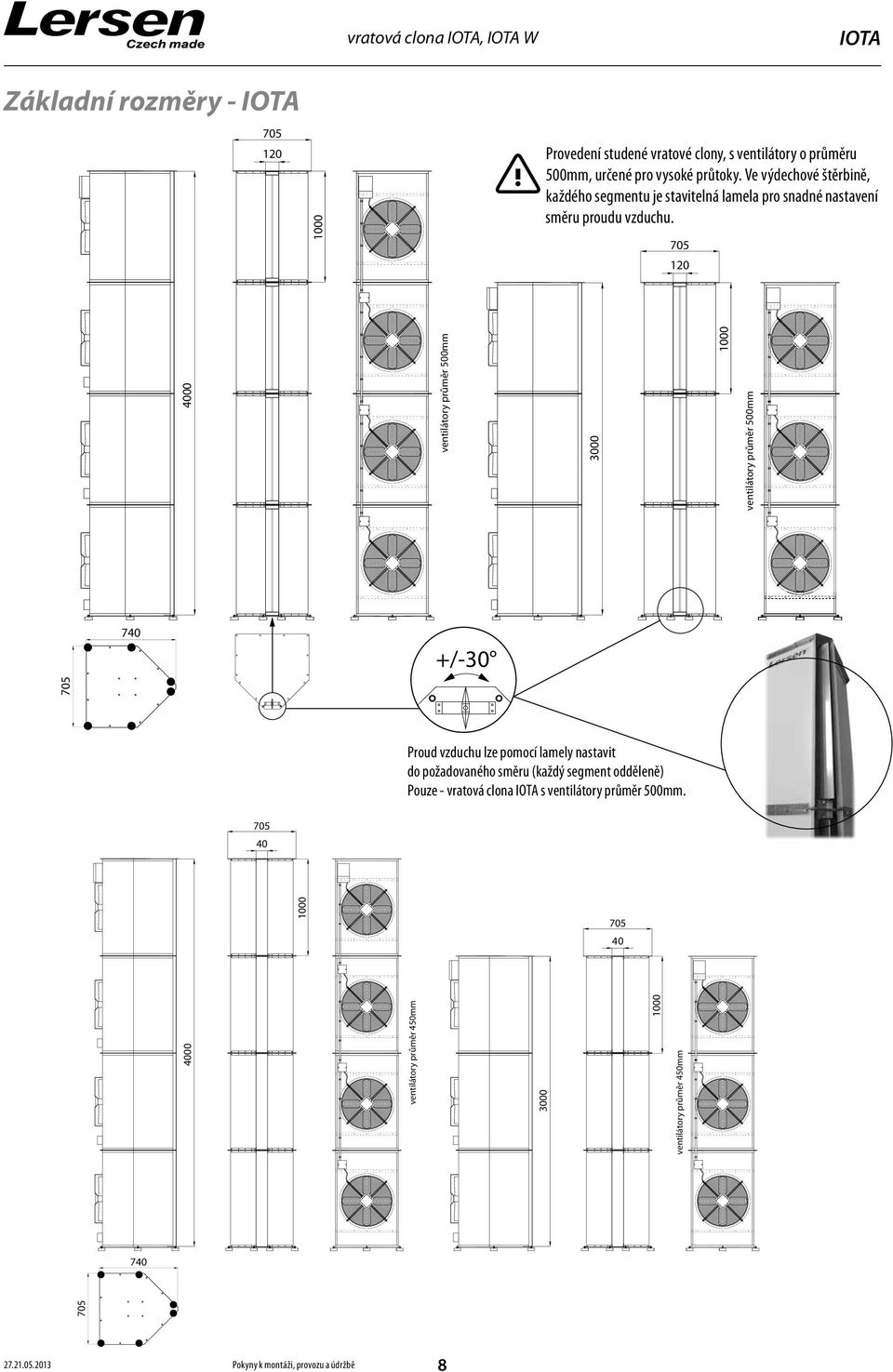 0 4000 740 +/-30 ventilátory průměr 500mm 3000 000 ventilátory průměr 500mm Proud vzduchu lze pomocí lamely nastavit do požadovaného směru