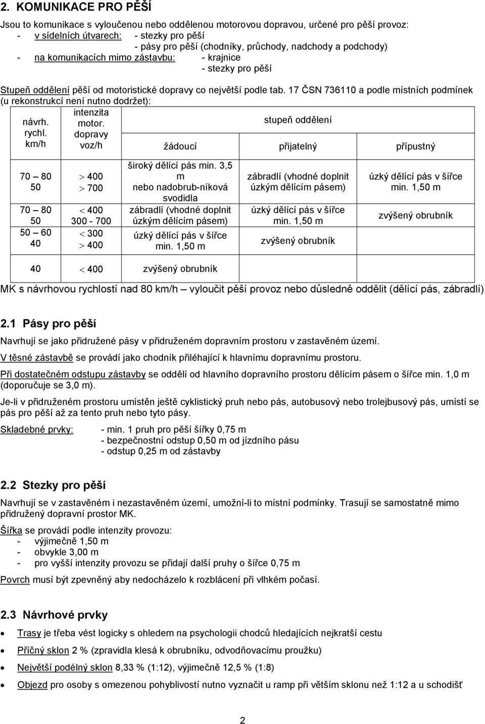 17 ČSN 736110 a podle místních podmínek (u rekonstrukcí není nutno dodržet): návrh. rychl. km/h intenzita motor.