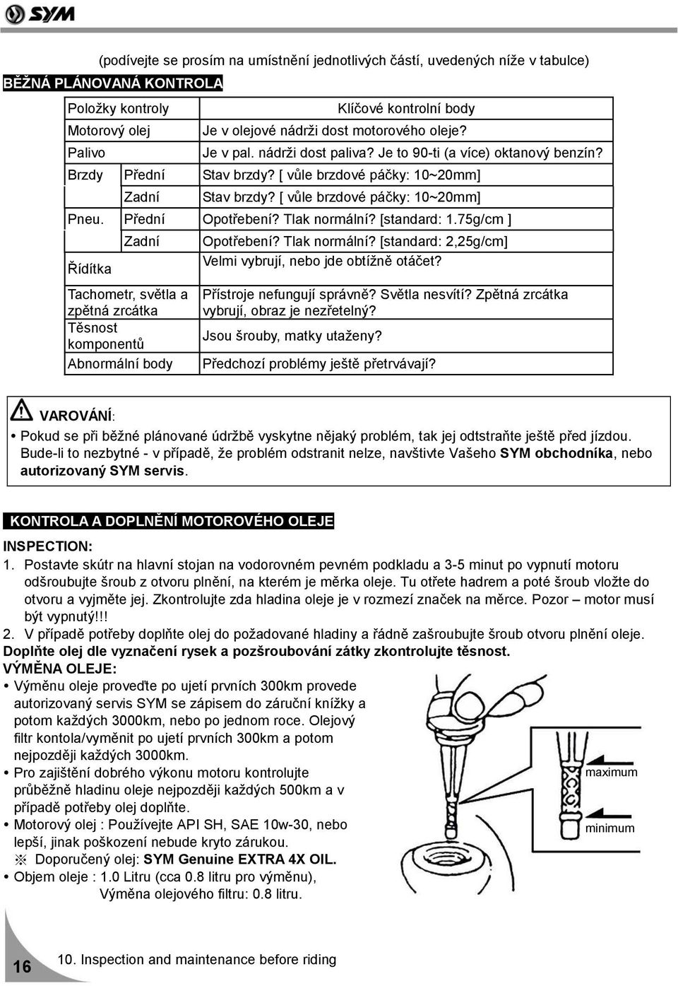 Přední Opotřebení? Tlak normální? [standard: 1.75g/cm ] Řídítka Zadní Tachometr, světla a zpětná zrcátka Těsnost komponentů Abnormální body Opotřebení? Tlak normální? [standard: 2,25g/cm] Velmi vybrují, nebo jde obtížně otáčet?