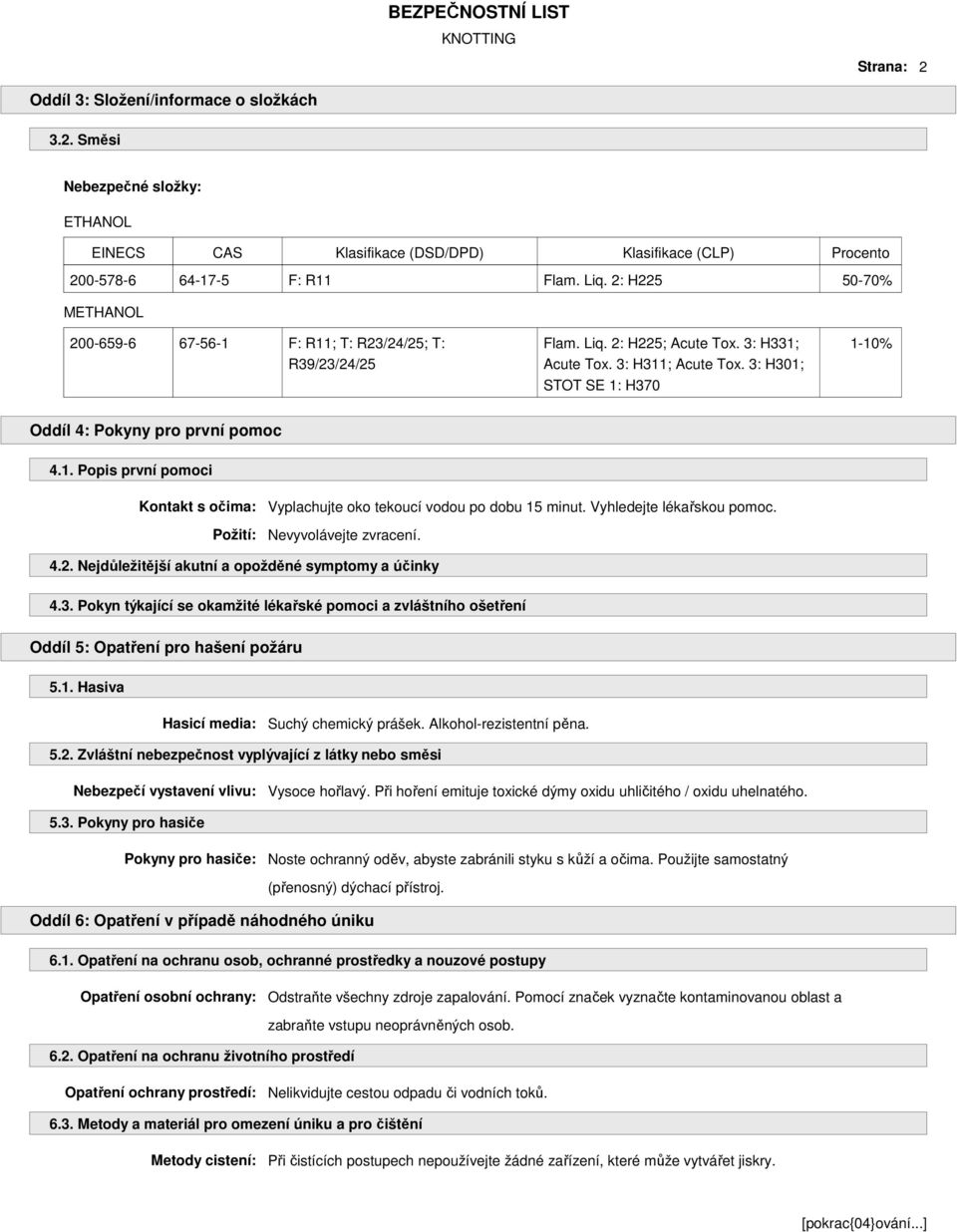 3: H301; STOT SE 1: H370 1-10% Oddíl 4: Pokyny pro první pomoc 4.1. Popis první pomoci Kontakt s očima: Vyplachujte oko tekoucí vodou po dobu 15 minut. Vyhledejte lékařskou pomoc.
