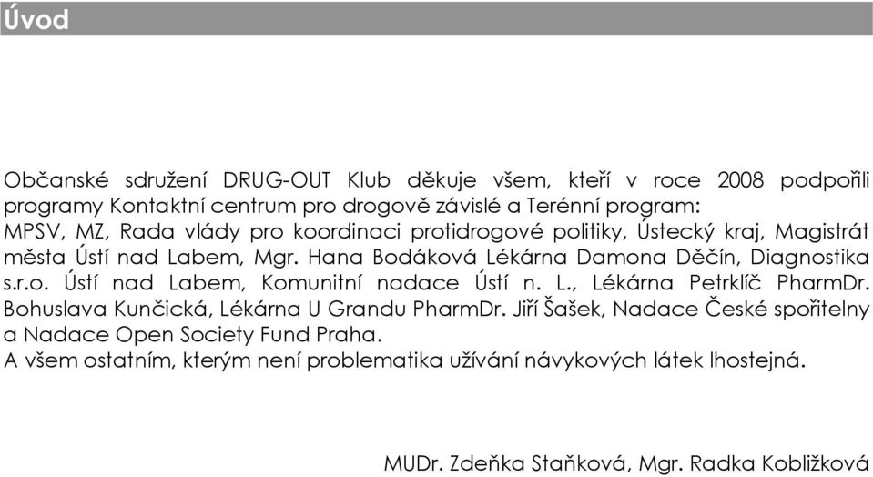 L., Lékárna Petrklíč PharmDr. Bohuslava Kunčická, Lékárna U Grandu PharmDr. Jiří Šašek, Nadace České spořitelny a Nadace Open Society Fund Praha.