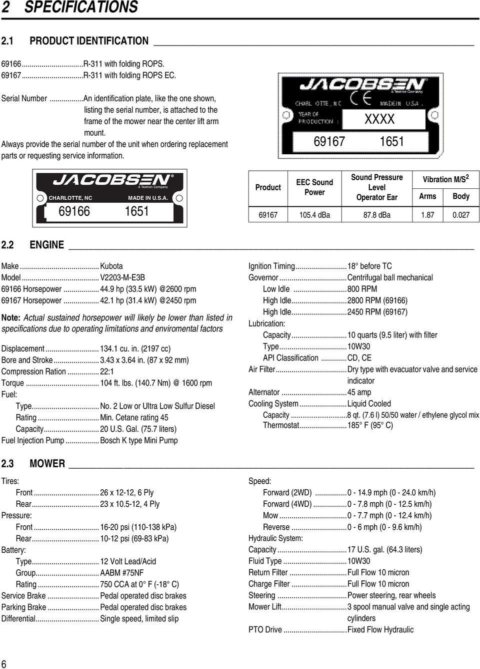 Always provide the serial number of the unit when ordering replacement parts or requesting service information. CHARLOTTE, NC MADE IN U.S.A. 69166 161 Product XXXX 69167 161 EEC Sound Power Sound Pressure Level Operator Ear Vibration M/S Arms Body 69167 10.