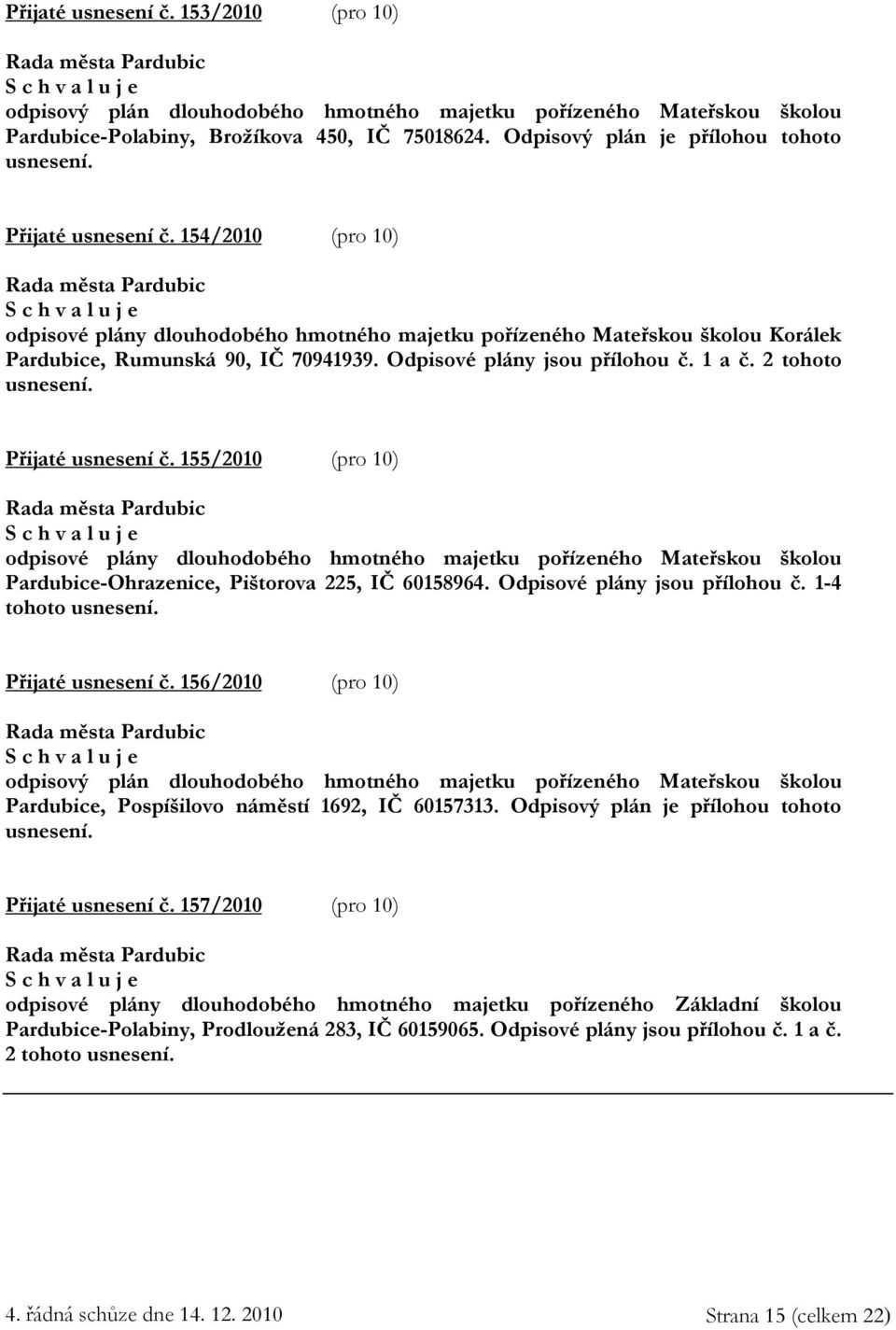 2 tohoto usnesení. Přijaté usnesení č. 155/2010 (pro 10) odpisové plány dlouhodobého hmotného majetku pořízeného Mateřskou školou Pardubice-Ohrazenice, Pištorova 225, IČ 60158964.