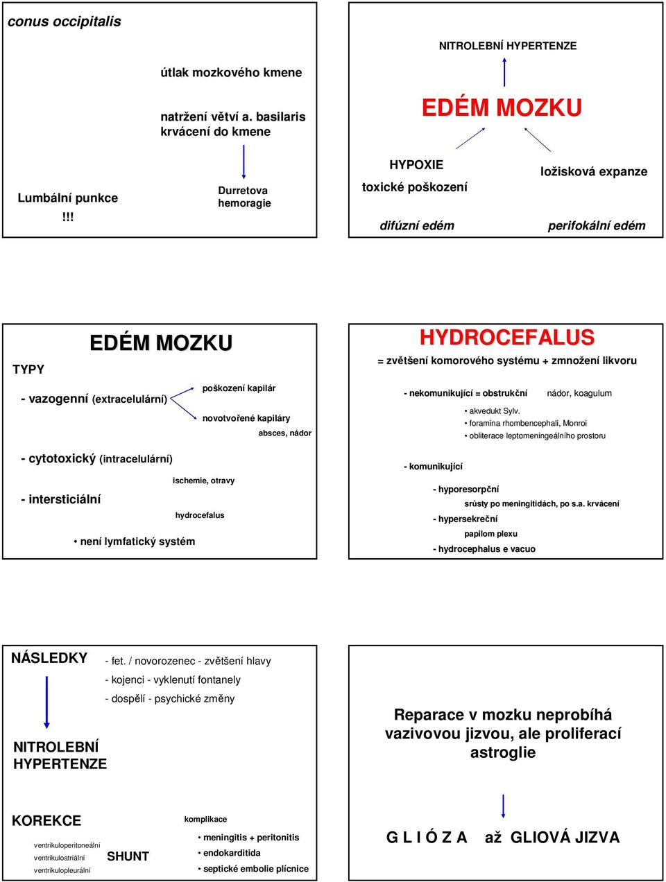 lymfatický systém poškození kapilár novotvořené kapiláry ischemie, otravy hydrocefalus absces, nádor HYDROCEFALUS = zvětšení komorového systému + zmnožení likvoru - nekomunikující = obstrukční nádor,