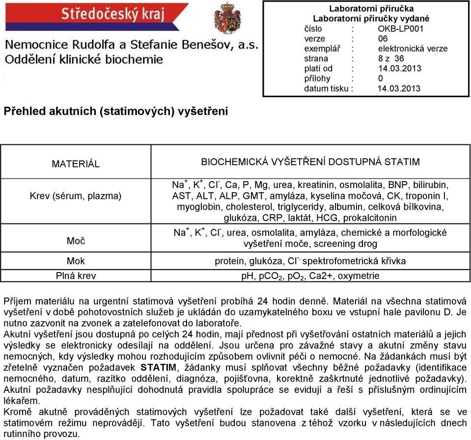 -, urea, osmolalita, amyláza, chemické a morfologické vyšetření moče, screening drog protein, glukóza, Cl -, spektrofometrická křivka ph, pco 2, po 2, Ca2+, oxymetrie Příjem materiálu na urgentní