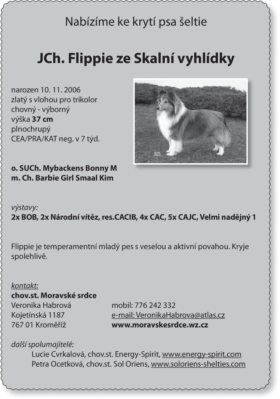 cacib, 4x CAC, 5x CAJC, Velmi nadějný 1 Flippie je temperamentní mladý pes s veselou a aktivní povahou. Kryje spolehlivě. kontakt: chov.st.