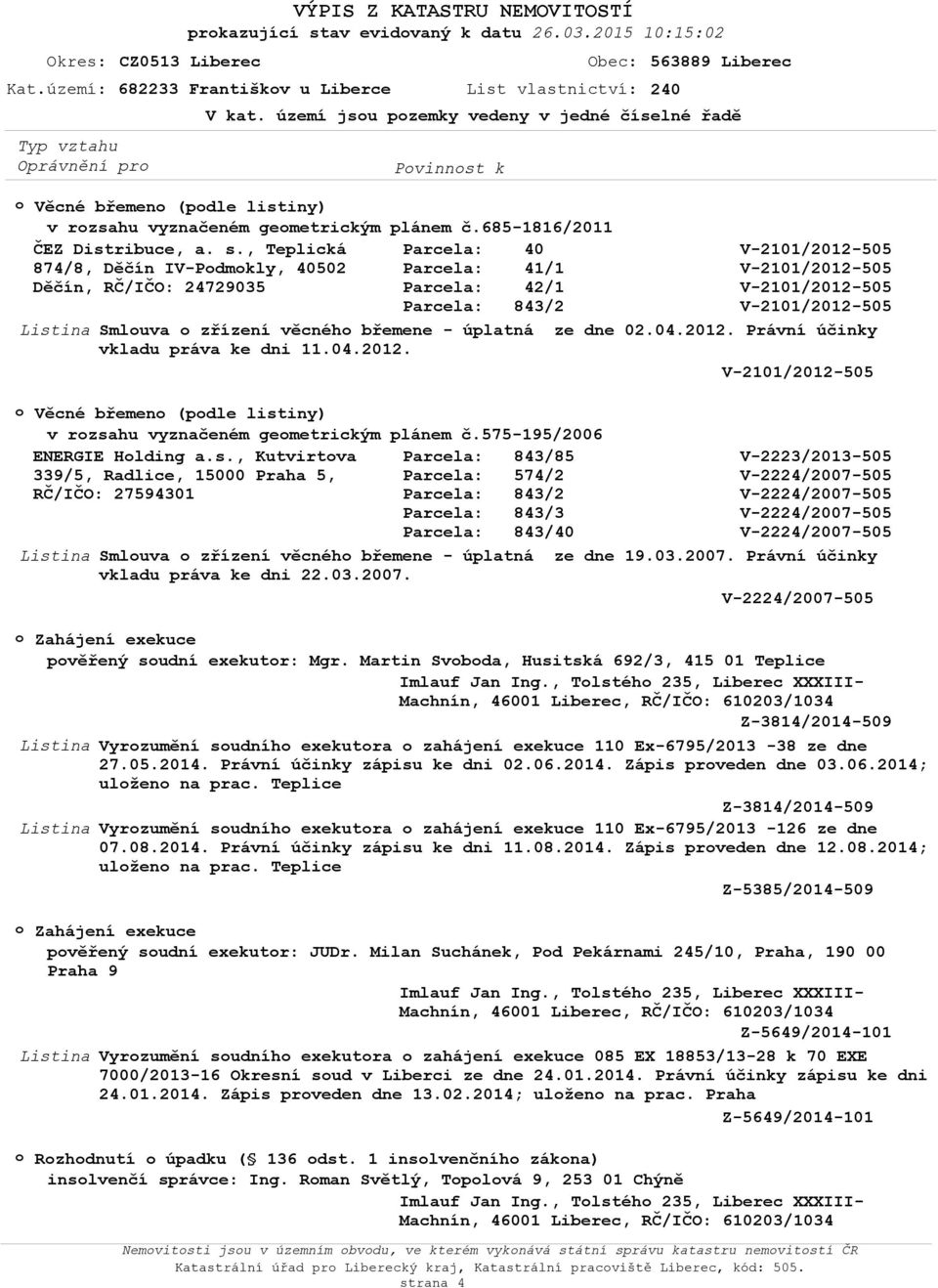 , Teplická Parcela: 40 874/8, Děčín IV-Pdmkly, 40502 Parcela: 41/1 Děčín, RČ/IČO: 24729035 Smluva zřízení věcnéh břemene - úplatná ze dne 02.04.2012.