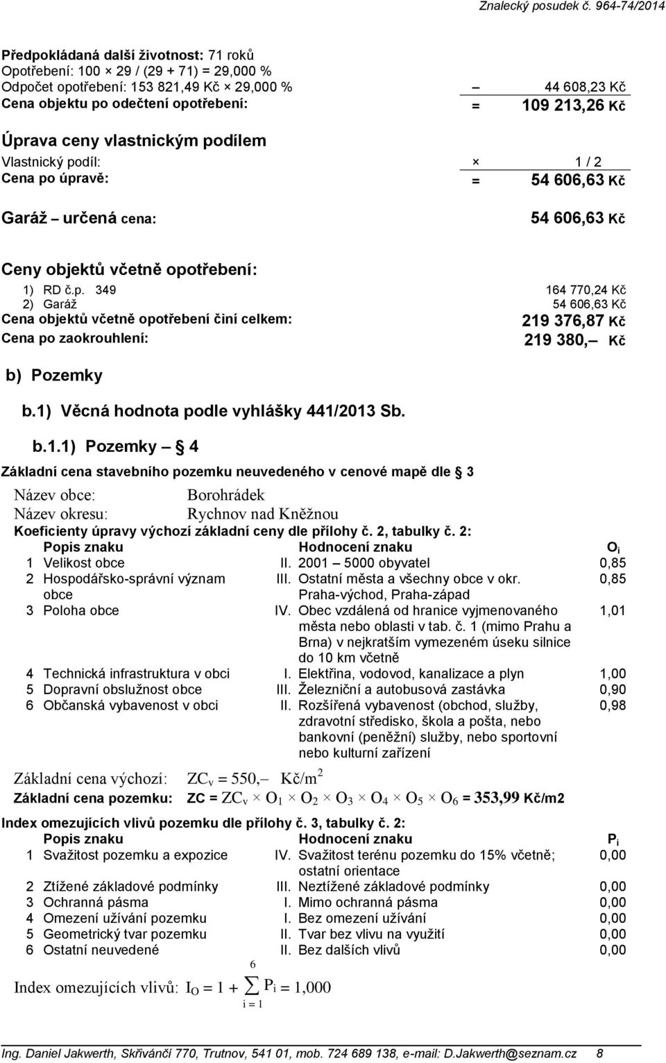 1) Věcná hodnota podle vyhlášky 441/2013 Sb. b.1.1) Pozemky 4 Základní cena stavebního pozemku neuvedeného v cenové mapě dle 3 Název obce: Název okresu: Borohrádek Rychnov nad Kněžnou 219 380, Kč