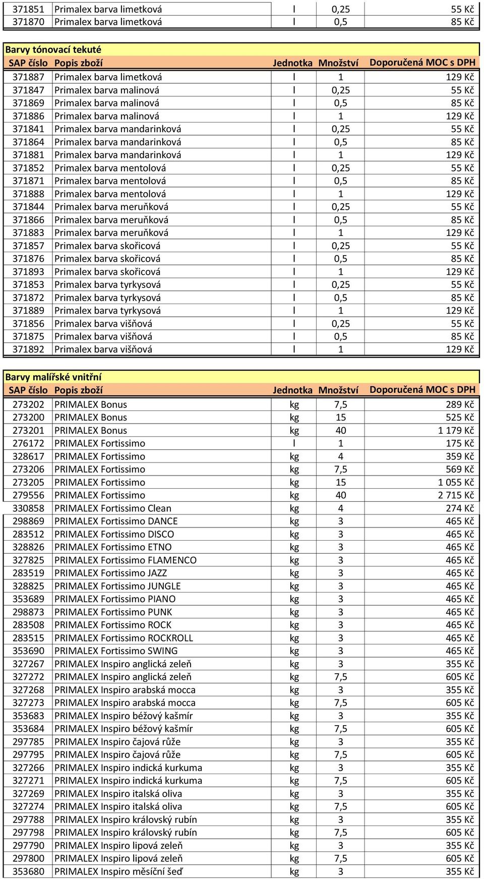 barva mandarinková l 1 129 Kč 371852 Primalex barva mentolová l 0,25 55 Kč 371871 Primalex barva mentolová l 0,5 85 Kč 371888 Primalex barva mentolová l 1 129 Kč 371844 Primalex barva meruňková l