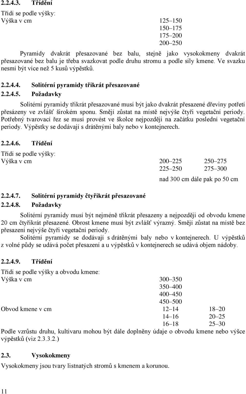 stromu a podle síly kmene. Ve svazku nesmí být více než 5 kusů výpěstků. 2.2.4.4. Solitérní pyramidy třikrát přesazované 2.2.4.5. Požadavky Solitérní pyramidy třikrát přesazované musí být jako dvakrát přesazené dřeviny potřetí přesázeny ve zvlášť širokém sponu.