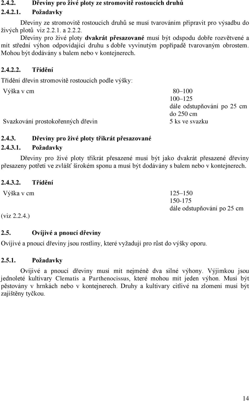 4.2.2. Třídění Třídění dřevin stromovitě rostoucích podle výšky: Výška v cm 80 100 100 125 dále odstupňování po 25 cm do 250 cm Svazkování prostokořenných dřevin 5 ks ve svazku 2.4.3.