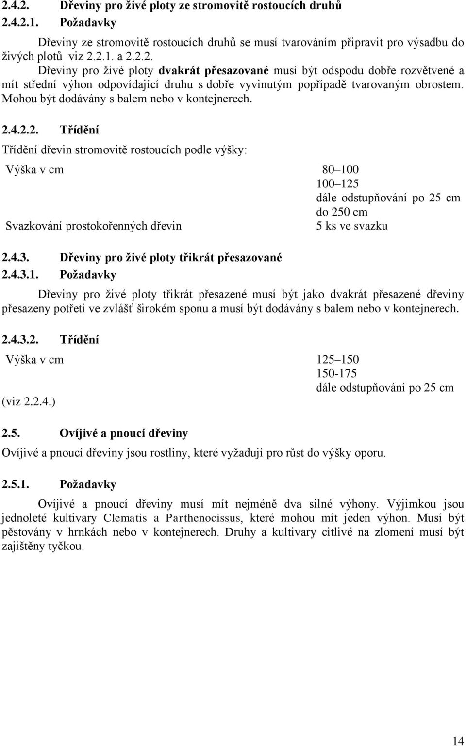 4.2.2. Třídění Třídění dřevin stromovitě rostoucích podle výšky: Výška v cm 80 100 100 125 dále odstupňování po 25 cm do 250 cm Svazkování prostokořenných dřevin 5 ks ve svazku 2.4.3.