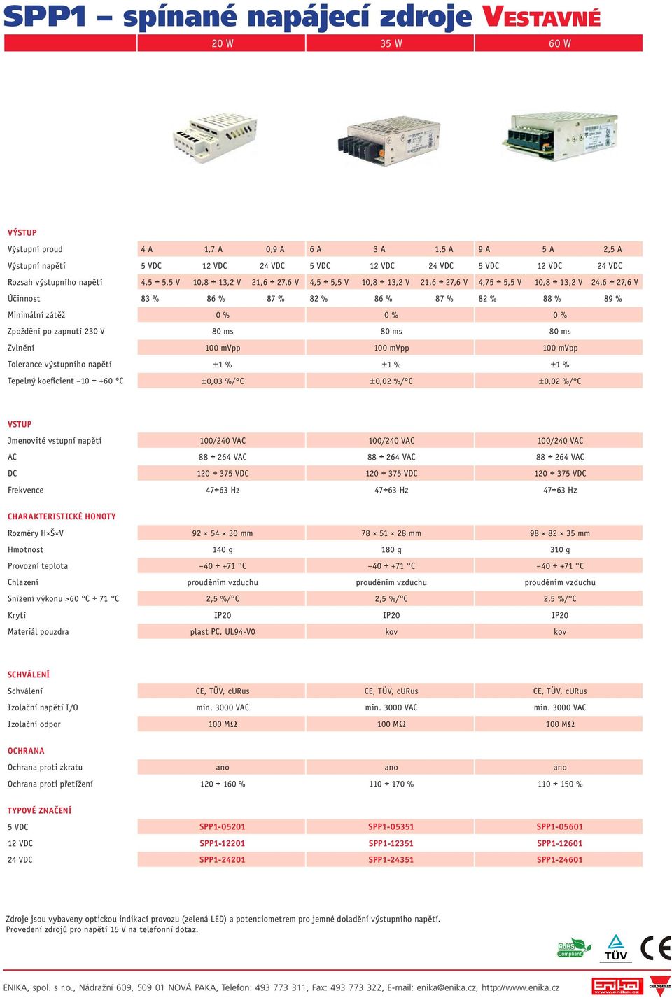 Zpoždění po zapnutí 230 V 80 ms 80 ms 80 ms Zvlnění 100 mvpp 100 mvpp 100 mvpp Tolerance výstupního napětí ±1 % ±1 % ±1 % Tepelný koeficient 10 +60 C ±0,03 %/ C ±0,02 %/ C ±0,02 %/ C Jmenovité