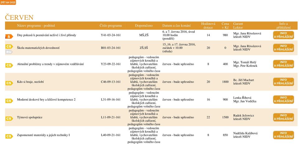 června 2016, úvod 10.00 hodin (pondělí) 15.,16. a 17. června 2016, začátek v 10.