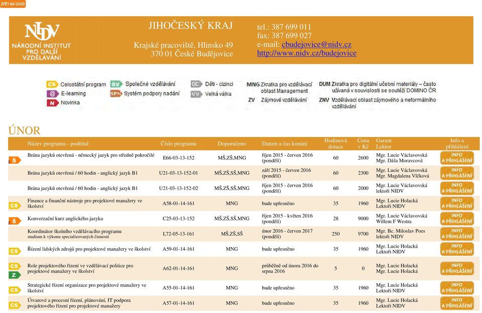 cz/budejovice ÚNOR Brána jazyků otevřená - německý jazyk pro středně pokročilé E66-03-13-152 MŠ,ZŠ, Brána jazyků otevřená / 60 hodin - anglický jazyk B1 U21-03-13-152-01 MŠ,ZŠ,SŠ, Brána jazyků