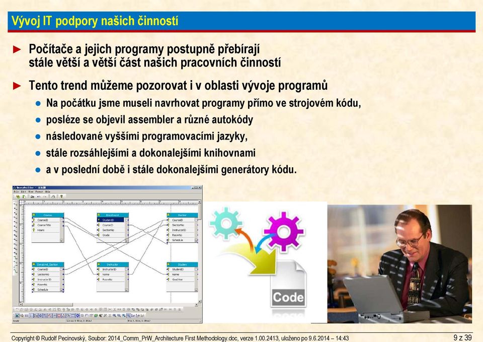 činností Tento trend můžeme pozorovat i v oblasti vývoje programů Na počátku jsme museli navrhovat programy přímo ve strojovém kódu, posléze se