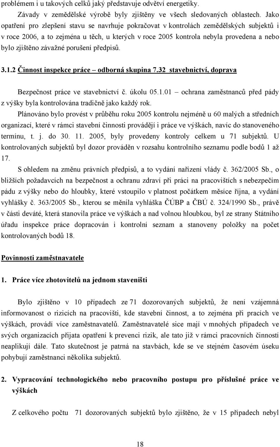 závažné porušení předpisů. 3.1.2 Činnost inspekce práce odborná skupina 7.32 stavebnictví, doprava Bezpečnost práce ve stavebnictví č. úkolu 05.1.01 ochrana zaměstnanců před pády z výšky byla kontrolována tradičně jako každý rok.