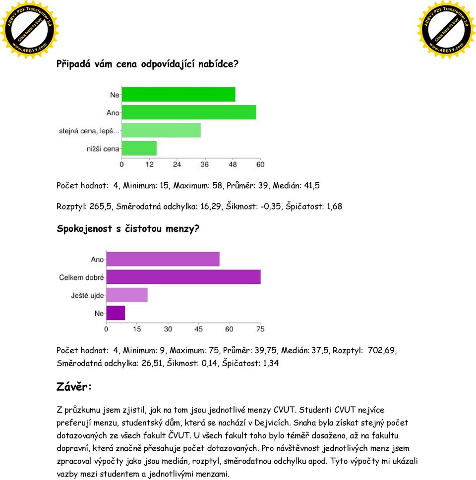 Počet hodnot: 4, Minimum: 9, Maximum: 75, Průměr: 39,75, Medián: 37,5, Rozptyl: 702,69, Směrodatná odchylka: 26,51, Šikmost: 0,14, Špičatost: 1,34 Závěr: Z průzkumu jsem zjistil, jak na tom jsou