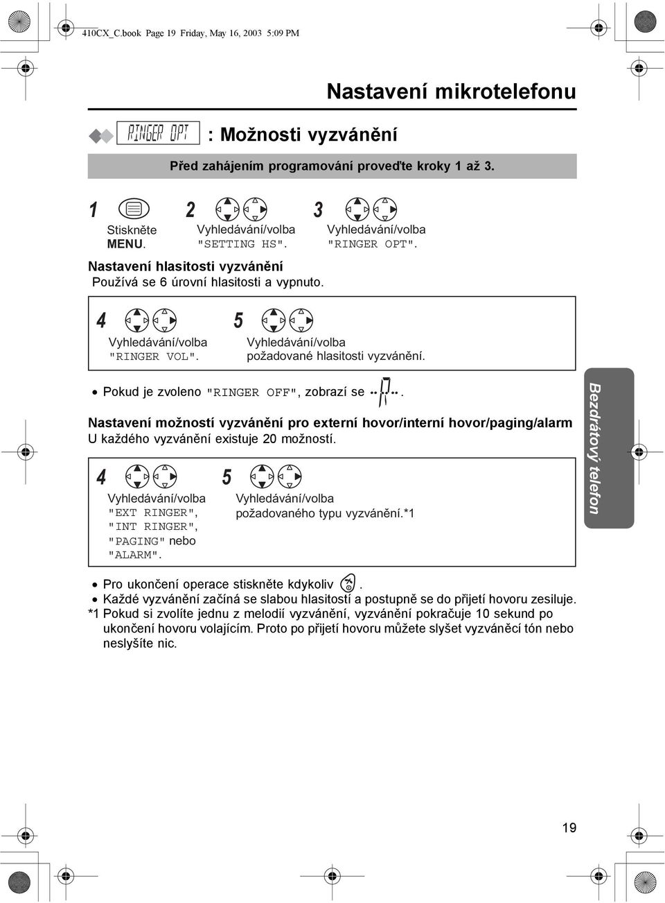 Nastavení možností vyzvánění pro externí hovor/interní hovor/paging/alarm U každého vyzvánění existuje 20 možností. 4 5 "EXT RINGER", "INT RINGER", "PAGING" nebo "ALARM". požadovaného typu vyzvánění.