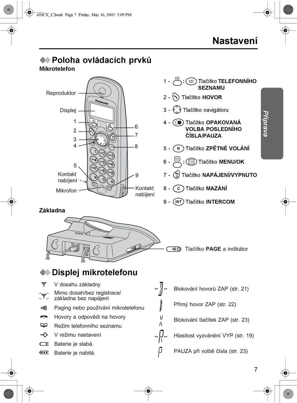 navigátoru 4 - Tlačítko OPAKOVANÁ VOLBA POSLEDNÍHO ČÍSLA/PAUZA 5 - R Tlačítko ZPĚTNÉ VOLÁNÍ Příprava Základna 5 Kontakt nabíjení Mikrofon 4 5 6 7 8 0 R INT 9 9 Kontakt nabíjení 6 - : Tlačítko MENU/OK