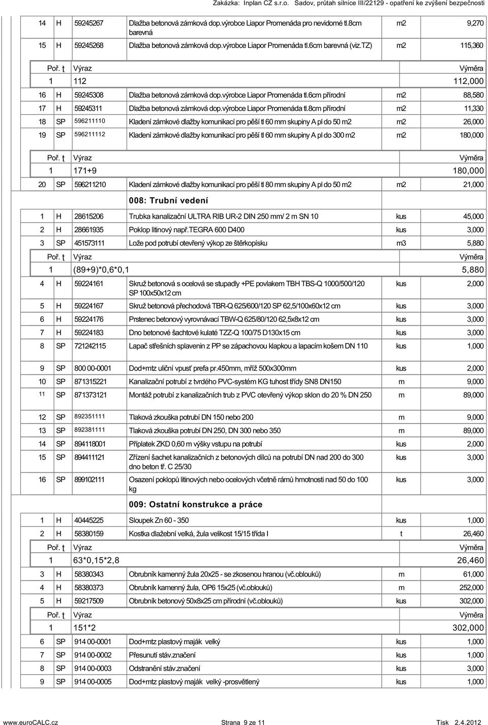 c barevná (viz.tz),0,000 0 Dlažba beonová záková dop.c přírodní,0 Dlažba beonová záková dop.