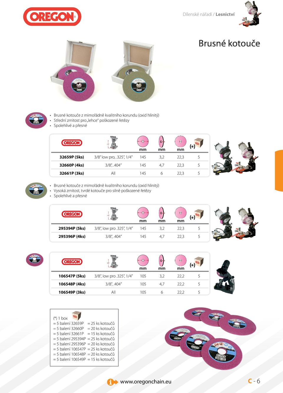 404 145 4,7 22,3 5 32661P (3ks) All 145 6 22,3 5 (*) Brusné kotouče z mimořádně kvalitního korundu (oxid hlinitý) Vysoká zrnitost, tvrdé kotouče pro silně poškozené řetězy Spolehlivé a přesné mm mm