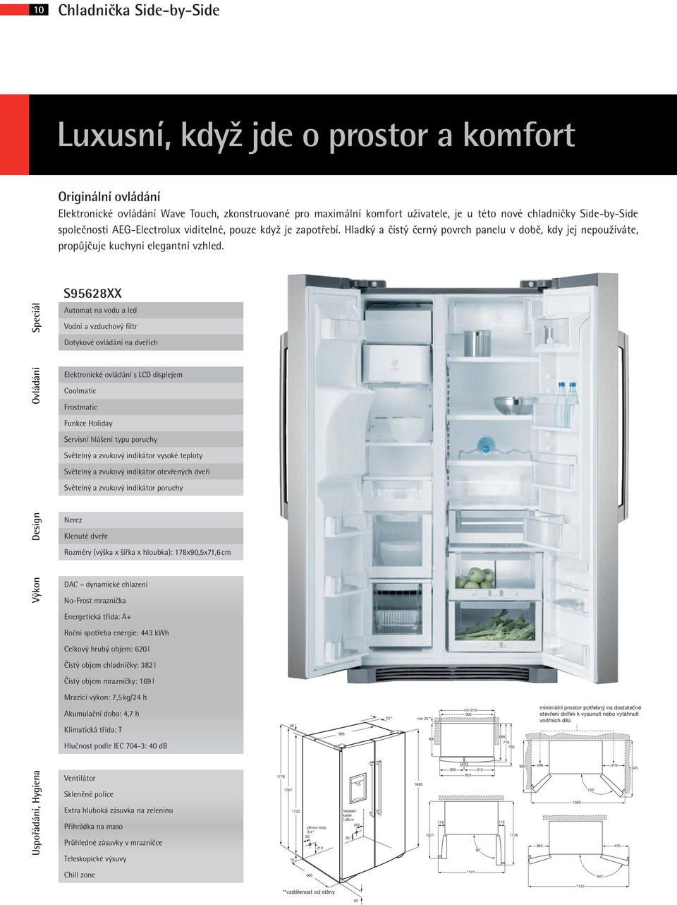 Ovládání Speciál S95628XX Automat na vodu a led Vodní a vzduchový filtr Dotykové ovládání na dveřích Elektronické ovládání s LCD displejem Coolmatic Frostmatic Funkce Holiday Servisní hlášení typu