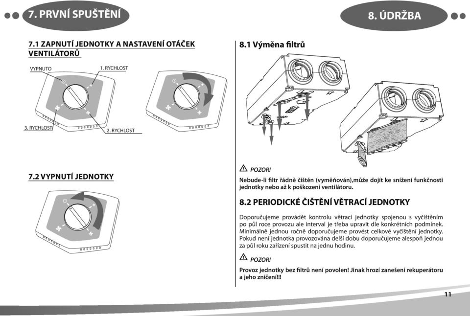 2 PERIODICKÉ ČIŠTĚNÍ VĚTRACÍ JEDNOTKY Doporučujeme provádět kontrolu větrací jednotky spojenou s vyčištěním po půl roce provozu ale interval je třeba upravit dle konkrétních podmínek.