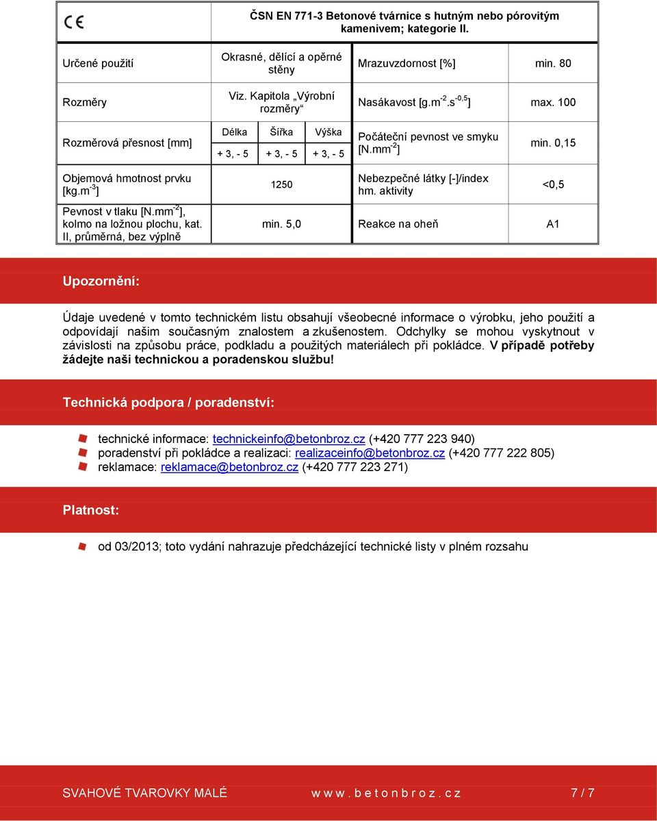 m -3 ] Pevnost v tlaku [N.mm -2 ], kolmo na ložnou plochu, kat. II, průměrná, bez výplně 1250 Nebezpečné látky [-]/index hm. aktivity <0,5 min.