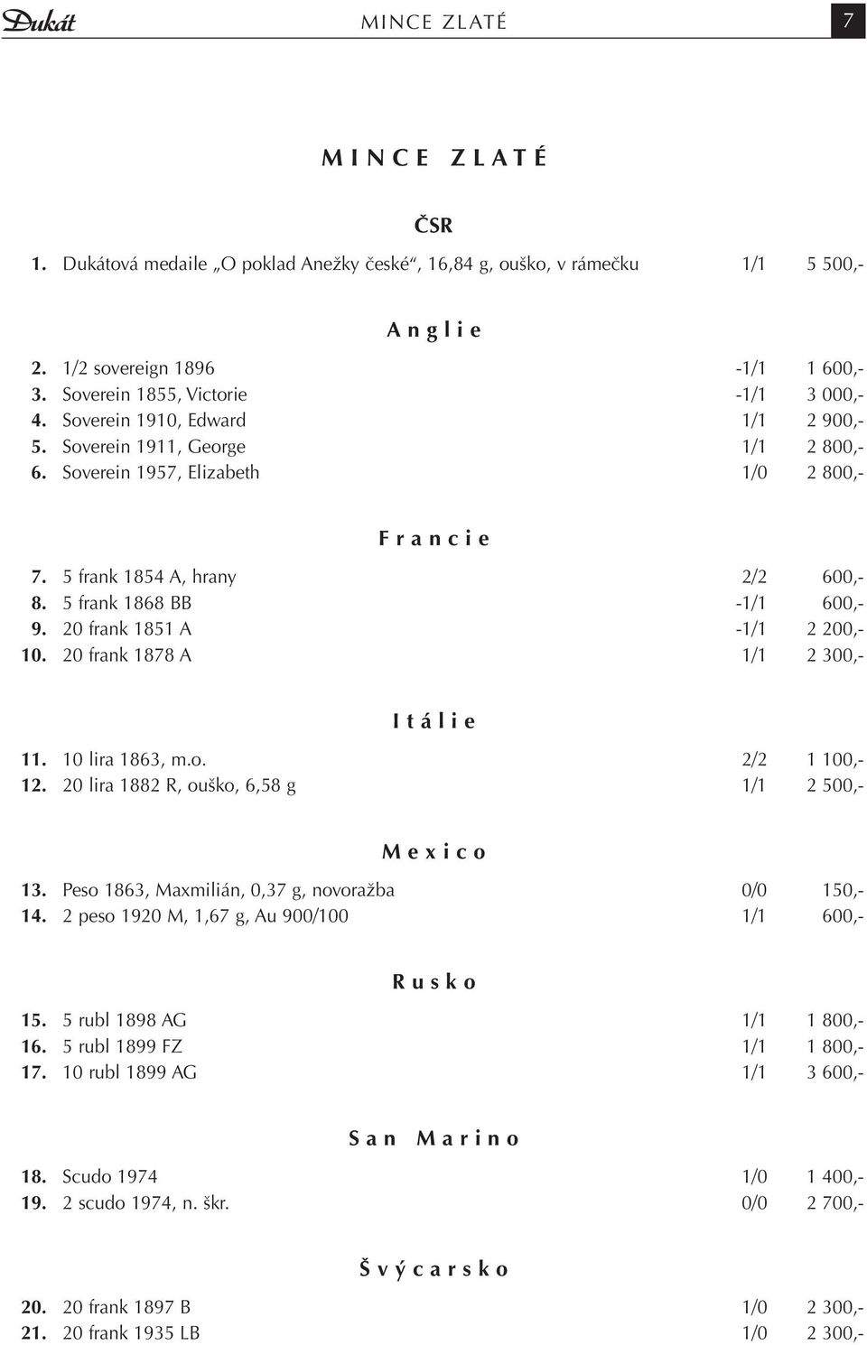 5 frank 1854 A, hrany 2/2 600,- 8. 5 frank 1868 BB -1/1 600,- 9. 20 frank 1851 A -1/1 2 200,- 10. 20 frank 1878 A 1/1 2 300,- I t á l i e 11. 10 lira 1863, m.o. 2/2 1 100,- 12.