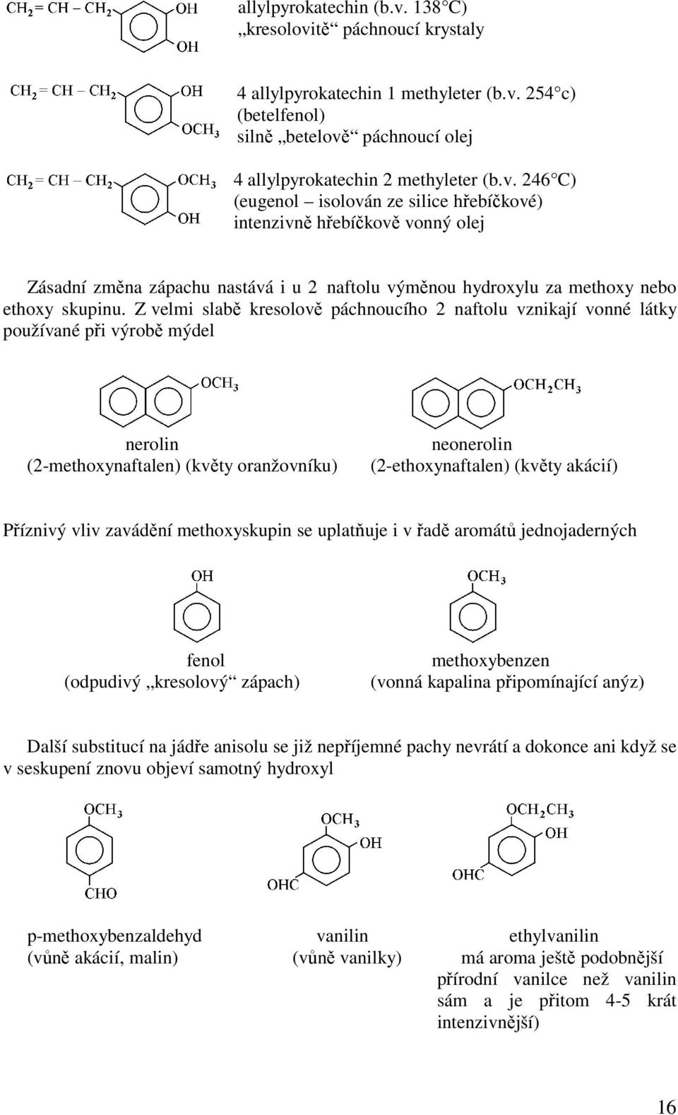 vliv zavádění methoxyskupin se uplatňuje i v řadě aromátů jednojaderných fenol (odpudivý kresolový zápach) methoxybenzen (vonná kapalina připomínající anýz) Další substitucí na jádře anisolu se již