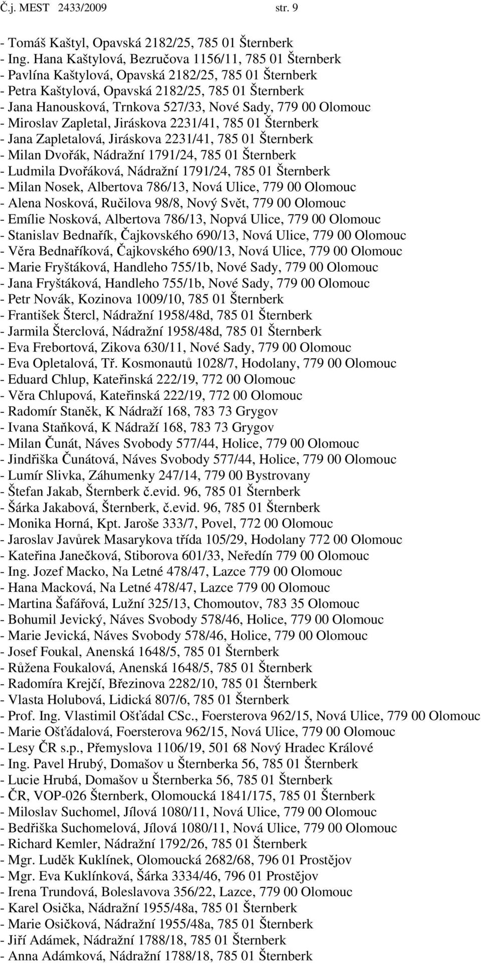Sady, 779 00 Olomouc - Miroslav Zapletal, Jiráskova 2231/41, 785 01 Šternberk - Jana Zapletalová, Jiráskova 2231/41, 785 01 Šternberk - Milan Dvořák, Nádražní 1791/24, 785 01 Šternberk - Ludmila