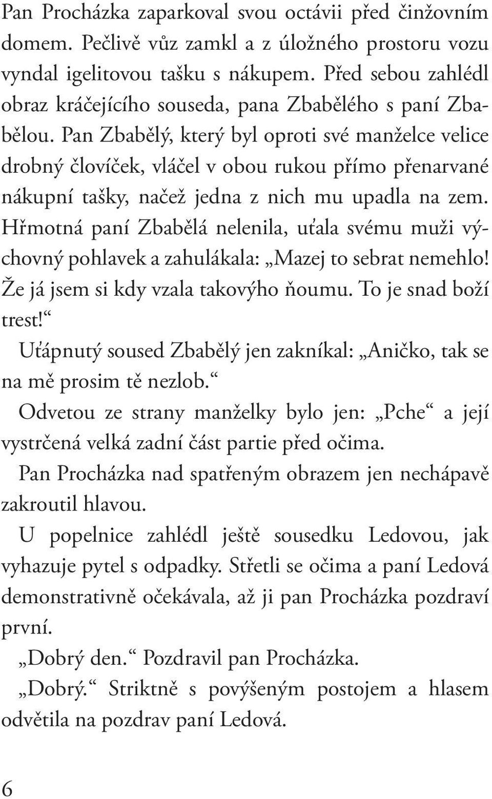 Pan Zbabělý, který byl oproti své manželce velice drobný človíček, vláčel v obou rukou přímo přenarvané nákupní tašky, načež jedna z nich mu upadla na zem.