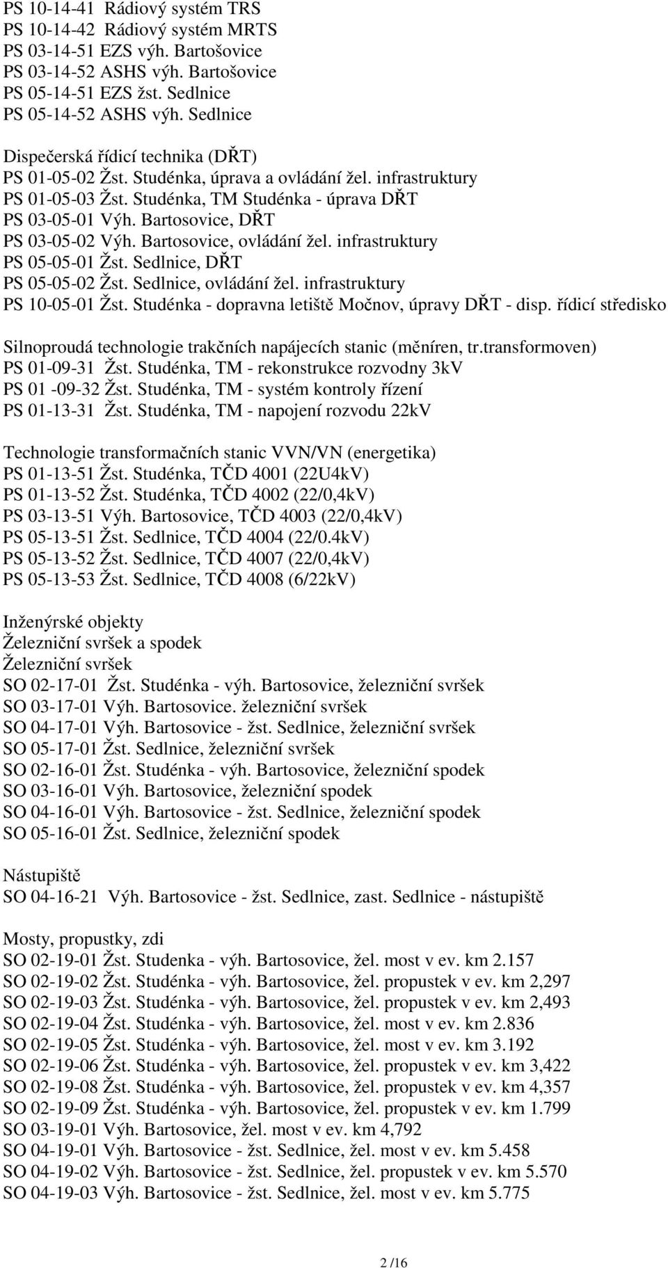 Bartosovice, DŘT PS 03-05-02 Výh. Bartosovice, ovládání žel. infrastruktury PS 05-05-01 Žst. Sedlnice, DŘT PS 05-05-02 Žst. Sedlnice, ovládání žel. infrastruktury PS 10-05-01 Žst.