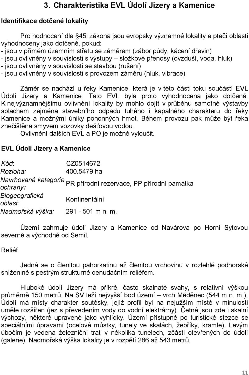 ovlivněny v souvislosti s provozem záměru (hluk, vibrace) Záměr se nachází u řeky Kamenice, která je v této části toku součástí EVL Údolí Jizery a Kamenice.