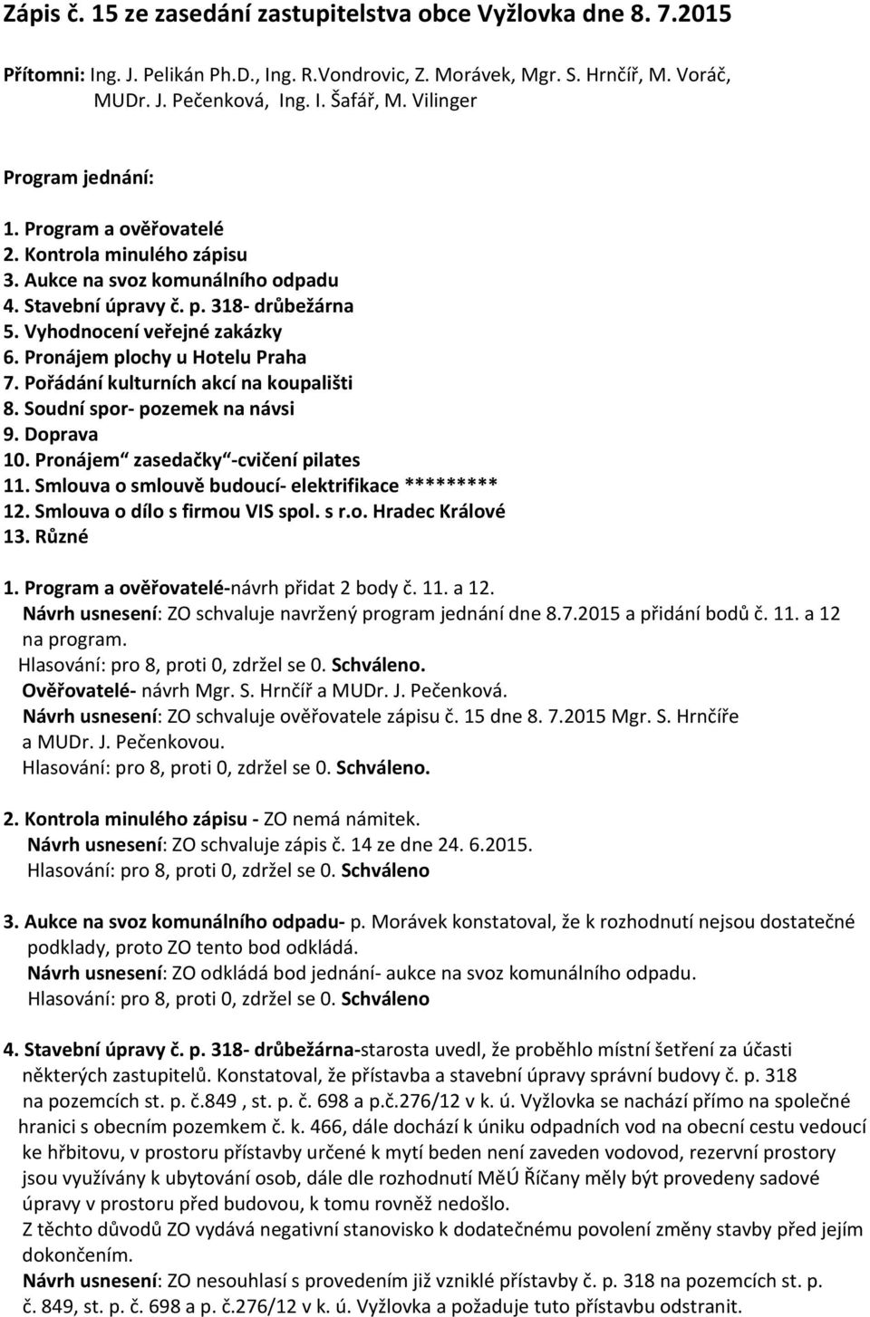 Pronájem plochy u Hotelu Praha 7. Pořádání kulturních akcí na koupališti 8. Soudní spor- pozemek na návsi 9. Doprava 10. Pronájem zasedačky -cvičení pilates 11.