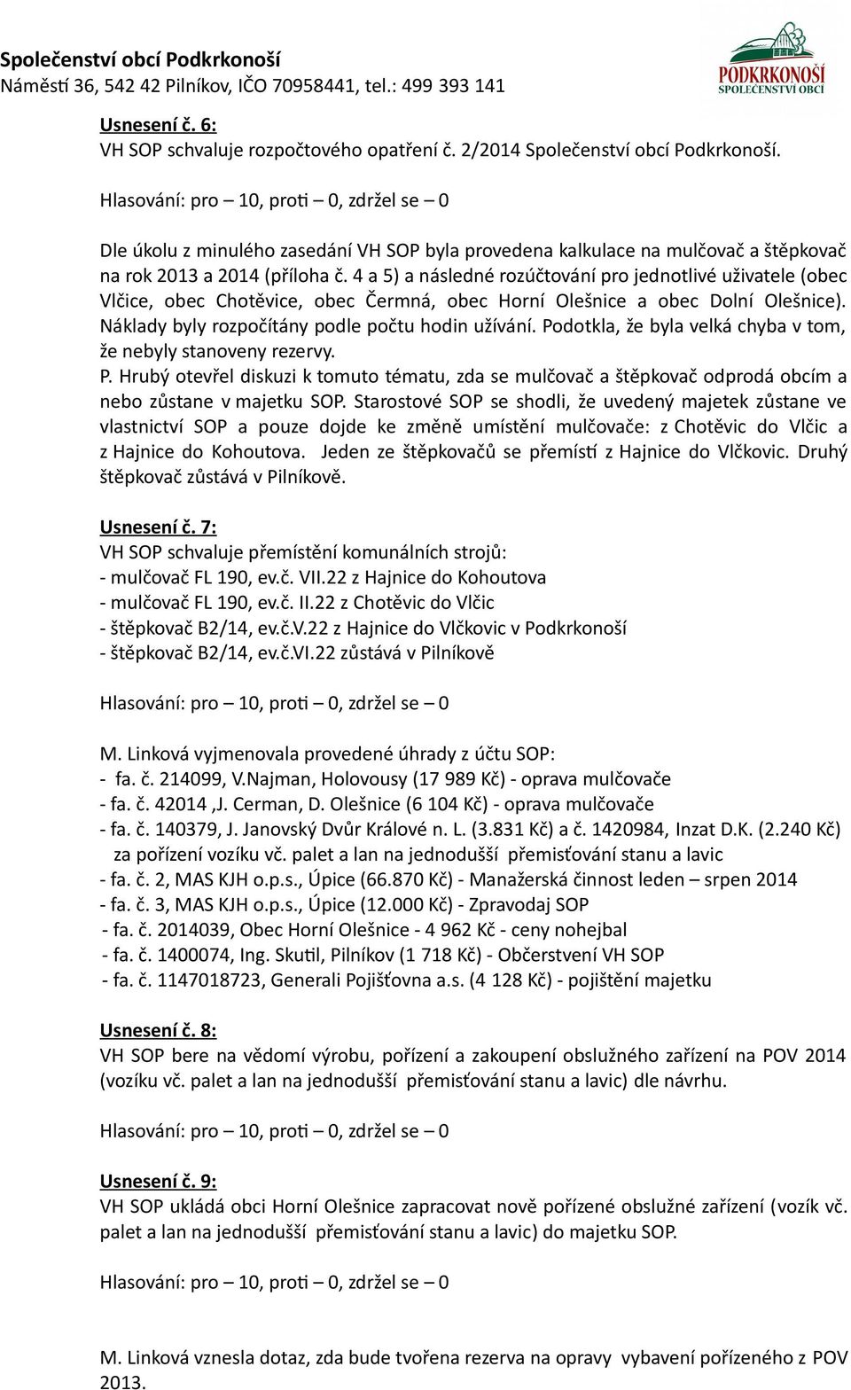 4 a 5) a následné rozúčtování pro jednotlivé uživatele (obec Vlčice, obec Chotěvice, obec Čermná, obec Horní Olešnice a obec Dolní Olešnice). Náklady byly rozpočítány podle počtu hodin užívání.