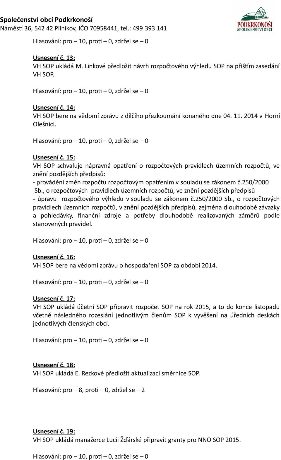 15: VH SOP schvaluje nápravná opatření o rozpočtových pravidlech územních rozpočtů, ve znění pozdějších předpisů: - provádění změn rozpočtu rozpočtovým opatřením v souladu se zákonem č.250/2000 Sb.