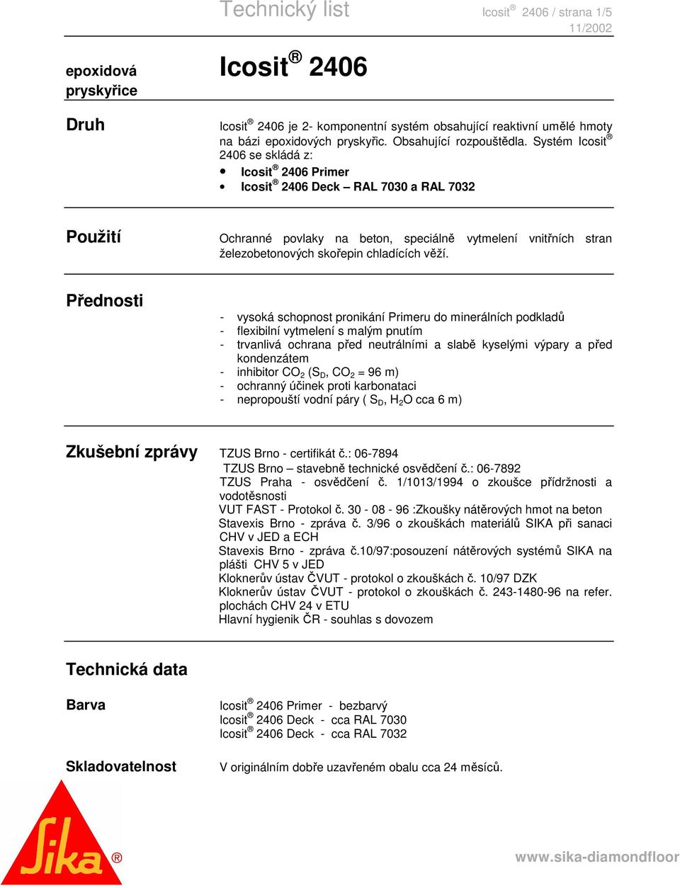 Systém Icosit 2406 se skládá z: Icosit 2406 Primer Icosit 2406 Deck RAL 7030 a RAL 7032 Použití Ochranné povlaky na beton, speciálně vytmelení vnitřních stran železobetonových skořepin chladících