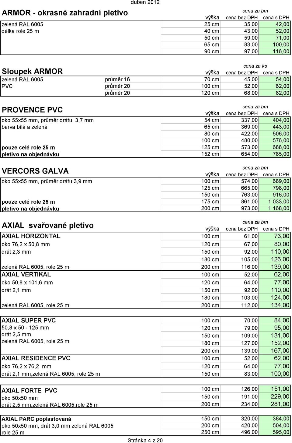 506,00 100 cm 480,00 576,00 pouze celé role 25 m 125 cm 573,00 688,00 pletivo na objednávku 152 cm 654,00 785,00 VERCORS GALVA oko 55x55 mm, průměr drátu 3,9 mm 100 cm 574,00 689,00 125 cm 665,00