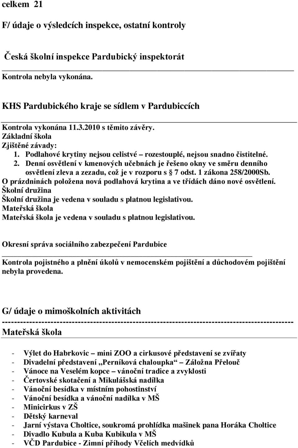 Denní osvětlení v kmenových učebnách je řešeno okny ve směru denního osvětlení zleva a zezadu, což je v rozporu s 7 odst. 1 zákona 258/2000Sb.