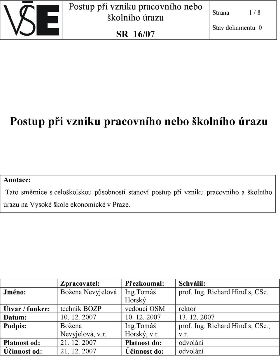 Zpracovatel: Přezkoumal: Schválil: Jméno: Božena Nevyjelová Ing.Tomáš prof. Ing. Richard Hindls, CSc. Horský Útvar / funkce: technik BOZP vedoucí OSM rektor Datum: 10.