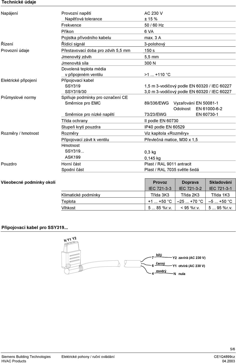 .. +110 C Elektrické připojení Připojovací kabel SSY319 SSY319/30 1,5 m 3-vodičový podle EN 60320 / IEC 60227 3,0 m 3-vodičový podle EN 60320 / IEC 60227 Průmyslové normy Splňuje podmínky pro