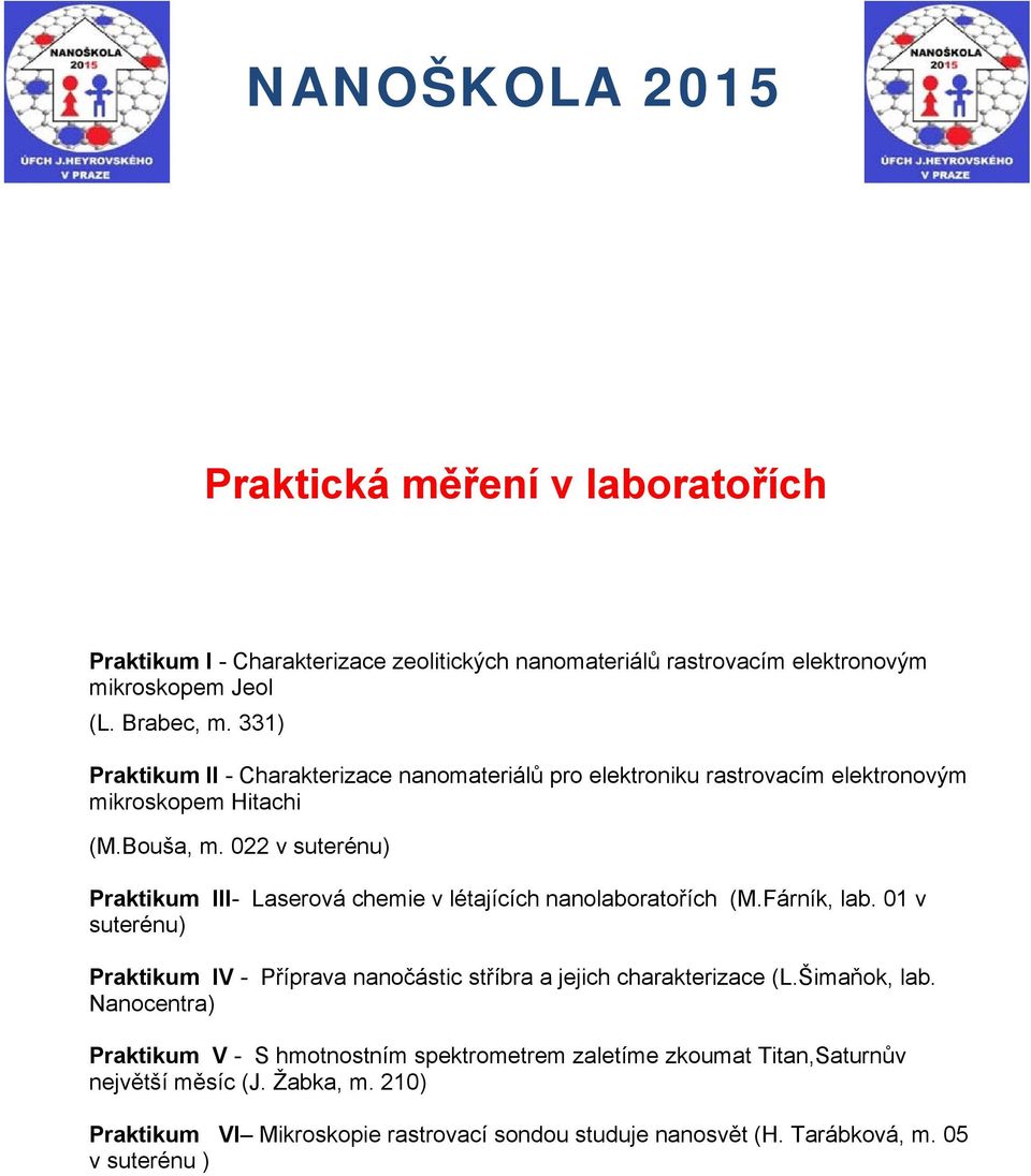 022 v suterénu) Praktikum III- Laserová chemie v létajících nanolaboratořích (M.Fárník, lab.